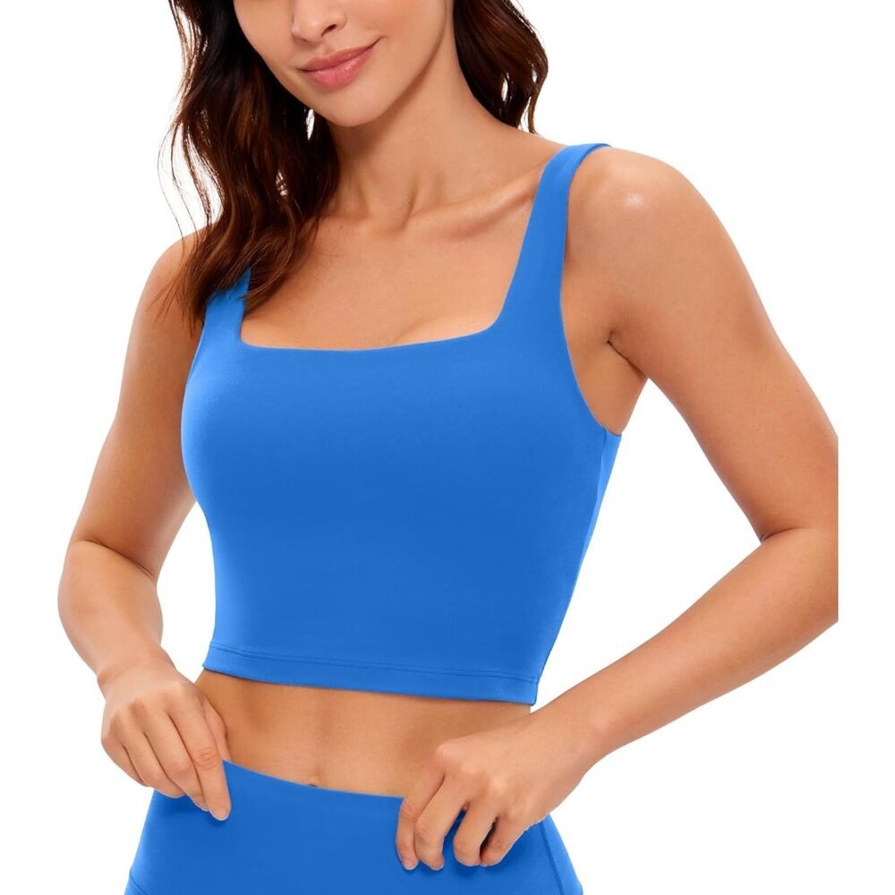 〽️Women's Sparkle Blue Sleeveless Pull Over Square Neck Padded Crop Tank Top